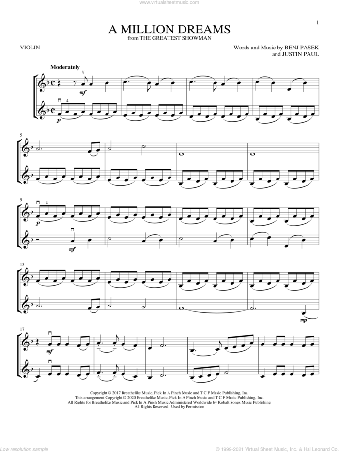 A Million Dreams (from The Greatest Showman) sheet music for two violins (duets, violin duets) by Pasek & Paul, Benj Pasek and Justin Paul, intermediate skill level