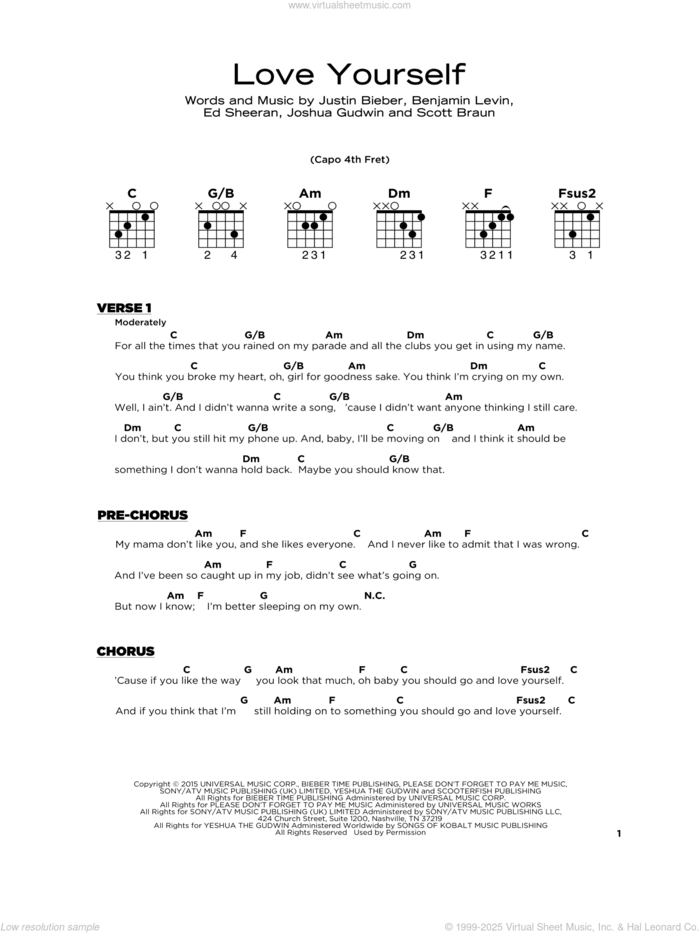 Love Yourself, (beginner) sheet music for guitar solo by Justin Bieber, Benjamin Levin, Ed Sheeran, Joshua Gudwin and Scott Braun, beginner skill level