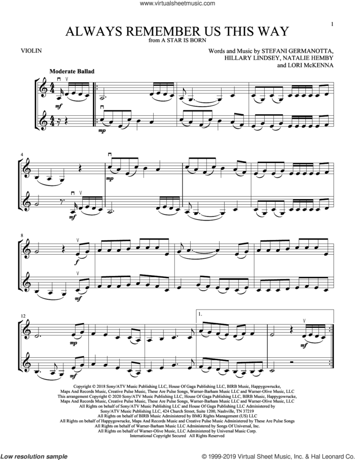 Always Remember Us This Way (from A Star Is Born) sheet music for two violins (duets, violin duets) by Lady Gaga, Hillary Lindsey, Lori McKenna and Natalie Hemby, intermediate skill level