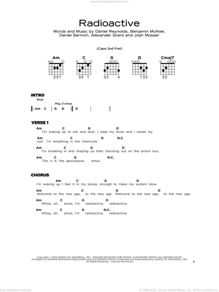 Radioactive, (beginner) sheet music for guitar solo by Imagine Dragons, Alexander Grant, Benjamin McKee, Daniel Reynolds, Daniel Sermon and Josh Mosser, beginner skill level