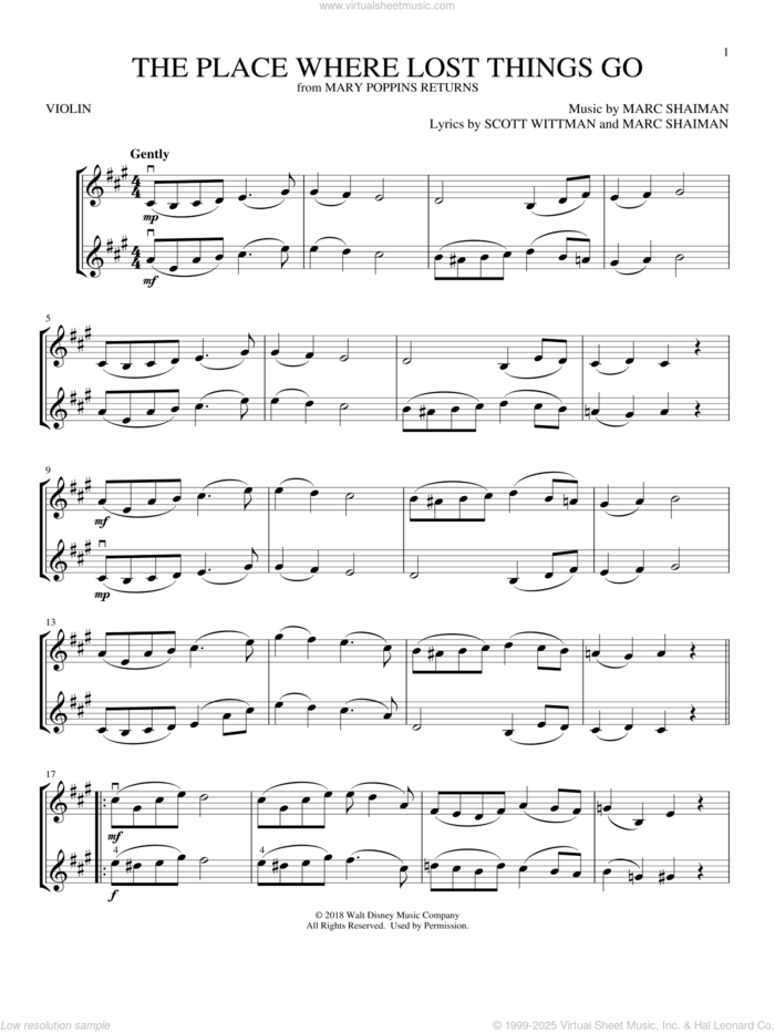 The Place Where Lost Things Go (from Mary Poppins Returns) sheet music for two violins (duets, violin duets) by Emily Blunt, Marc Shaiman and Scott Wittman, intermediate skill level