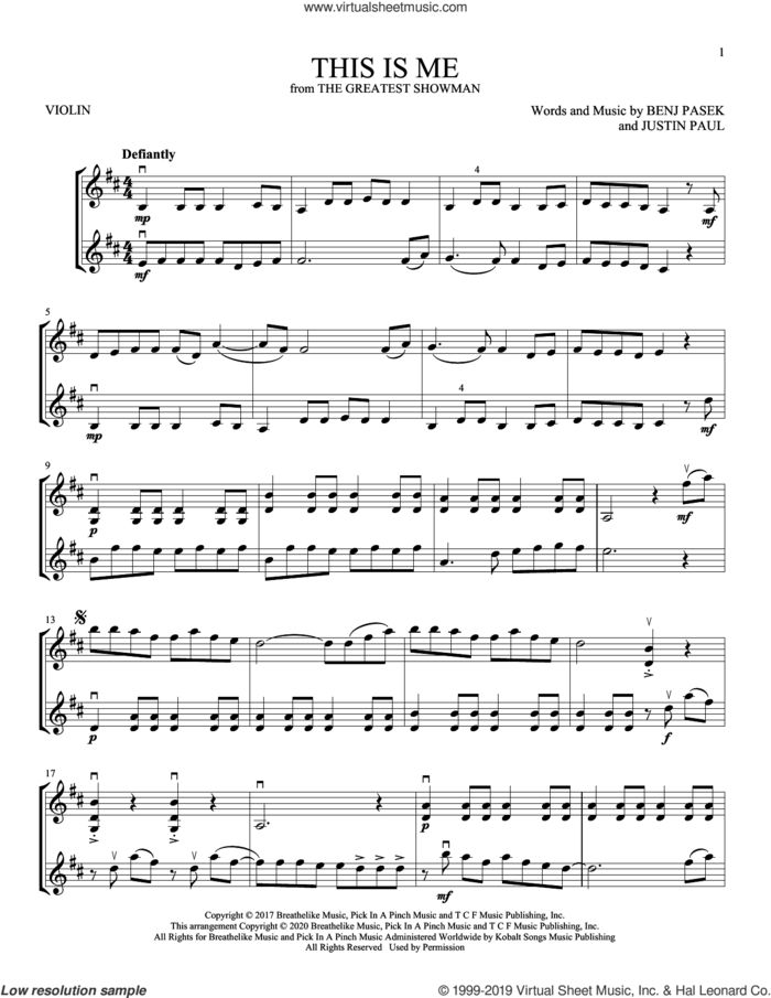 This Is Me (from The Greatest Showman) sheet music for two violins (duets, violin duets) by Pasek & Paul, Benj Pasek and Justin Paul, intermediate skill level