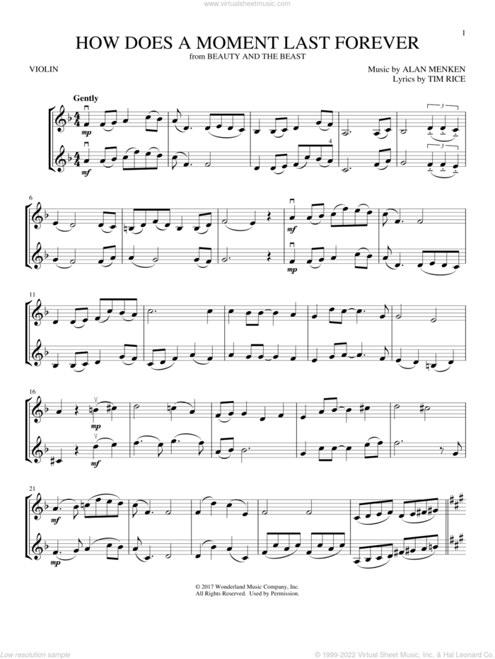 How Does A Moment Last Forever (from Beauty And The Beast) sheet music for two violins (duets, violin duets) by Alan Menken and Tim Rice, intermediate skill level