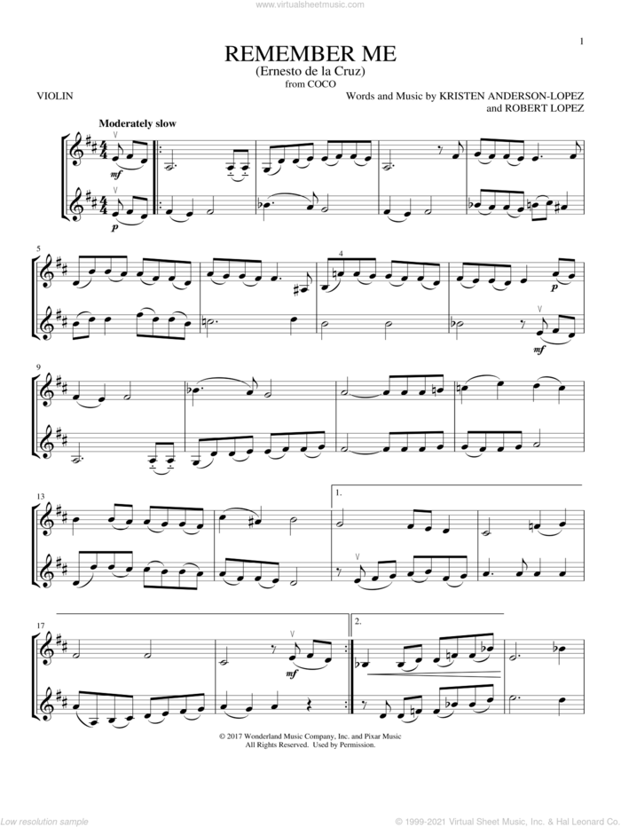 Remember Me (Ernesto de la Cruz) (from Disney's Coco) sheet music for two violins (duets, violin duets) by Robert Lopez, Kristen Anderson-Lopez and Kristen Anderson-Lopez & Robert Lopez, intermediate skill level