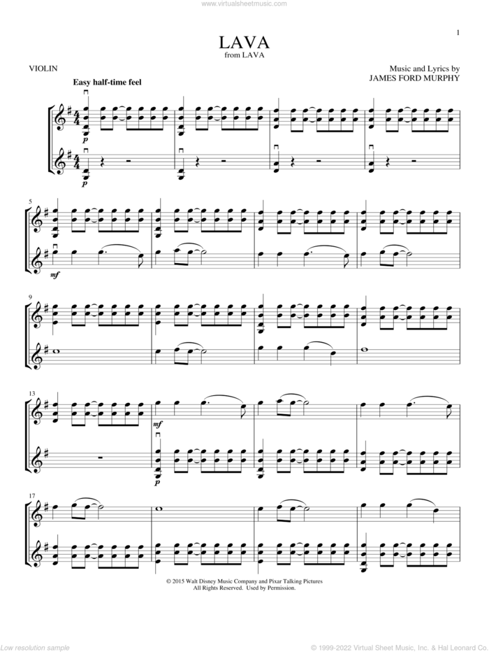 Lava (from Lava) sheet music for two violins (duets, violin duets) by James Ford Murphy, intermediate skill level
