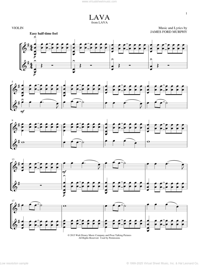 Lava (from Lava) sheet music for two violins (duets, violin duets) by James Ford Murphy, intermediate skill level