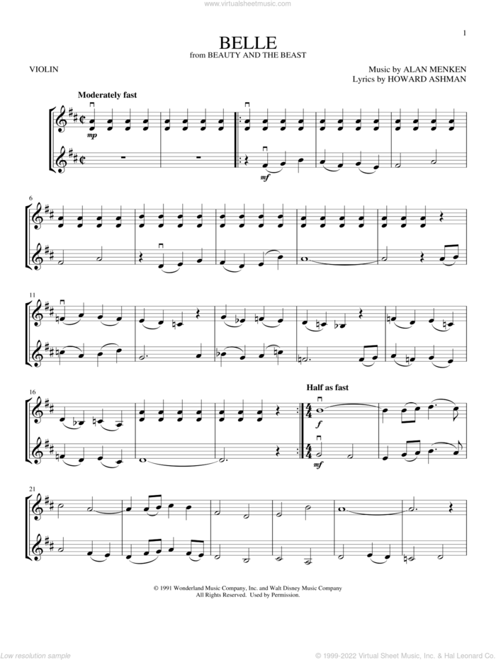 Belle (from Beauty and The Beast) sheet music for two violins (duets, violin duets) by Alan Menken and Howard Ashman, intermediate skill level