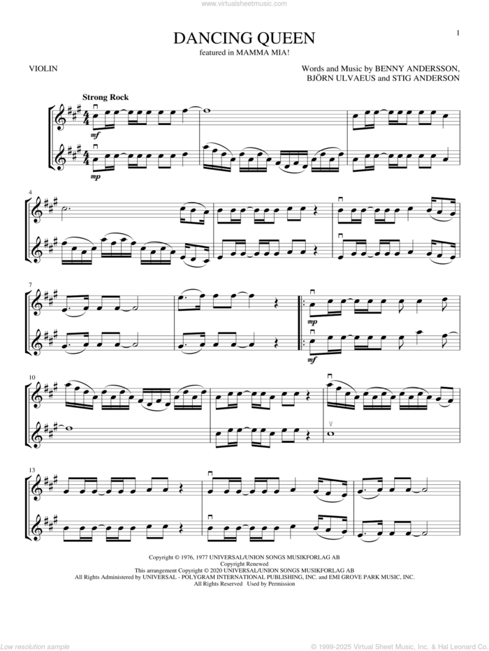 Dancing Queen (from Mamma Mia) sheet music for two violins (duets, violin duets) by ABBA, Benny Andersson, Bjorn Ulvaeus and Stig Anderson, intermediate skill level