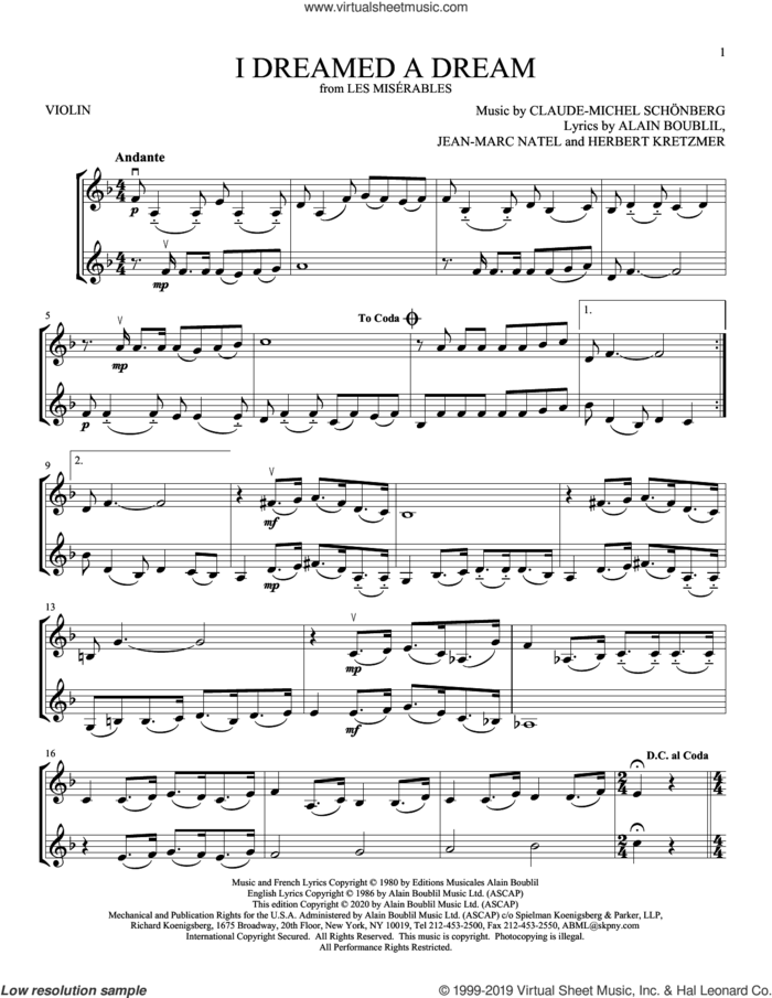 I Dreamed A Dream (from Les Miserables) sheet music for two violins (duets, violin duets) by Boublil and Schonberg, Alain Boublil, Claude-Michel Schonberg, Herbert Kretzmer and Jean-Marc Natel, intermediate skill level