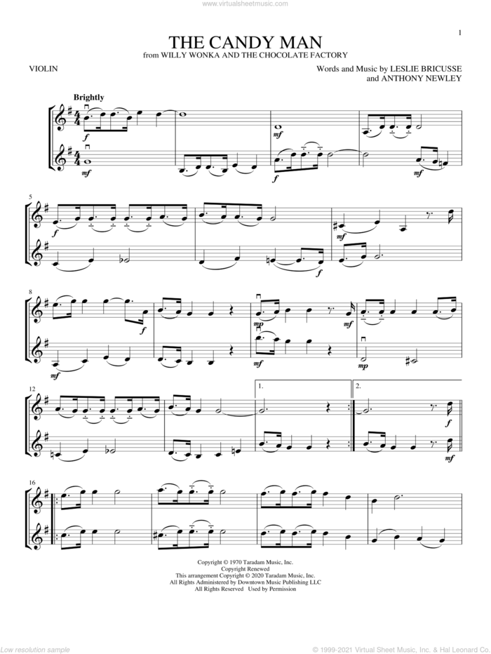 The Candy Man (from Willy Wonka and The Chocolate Factory) sheet music for two violins (duets, violin duets) by Leslie Bricusse and Anthony Newley, intermediate skill level