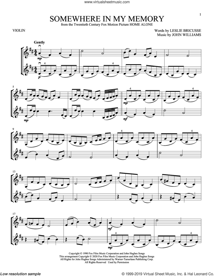 Somewhere In My Memory (from Home Alone) sheet music for two violins (duets, violin duets) by John Williams and Leslie Bricusse, intermediate skill level