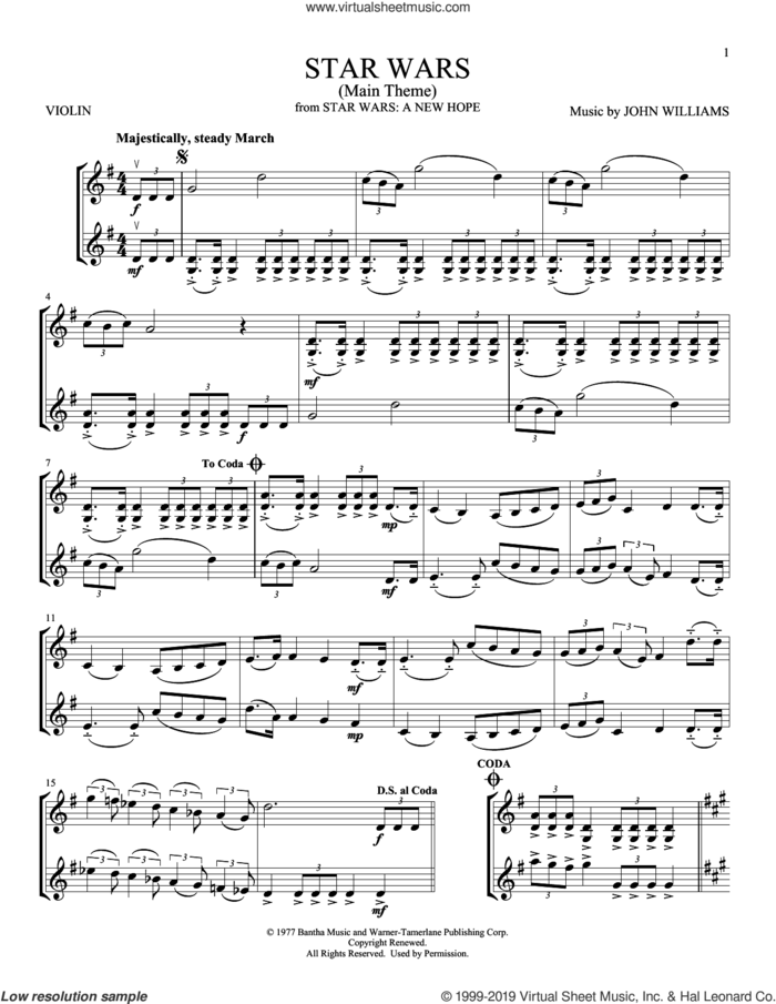 Star Wars (Main Theme) sheet music for two violins (duets, violin duets) by John Williams, intermediate skill level