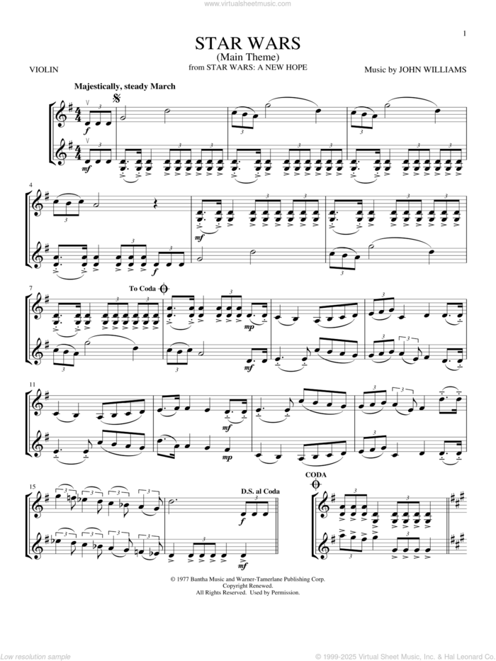 Star Wars (Main Theme) sheet music for two violins (duets, violin duets) by John Williams, intermediate skill level