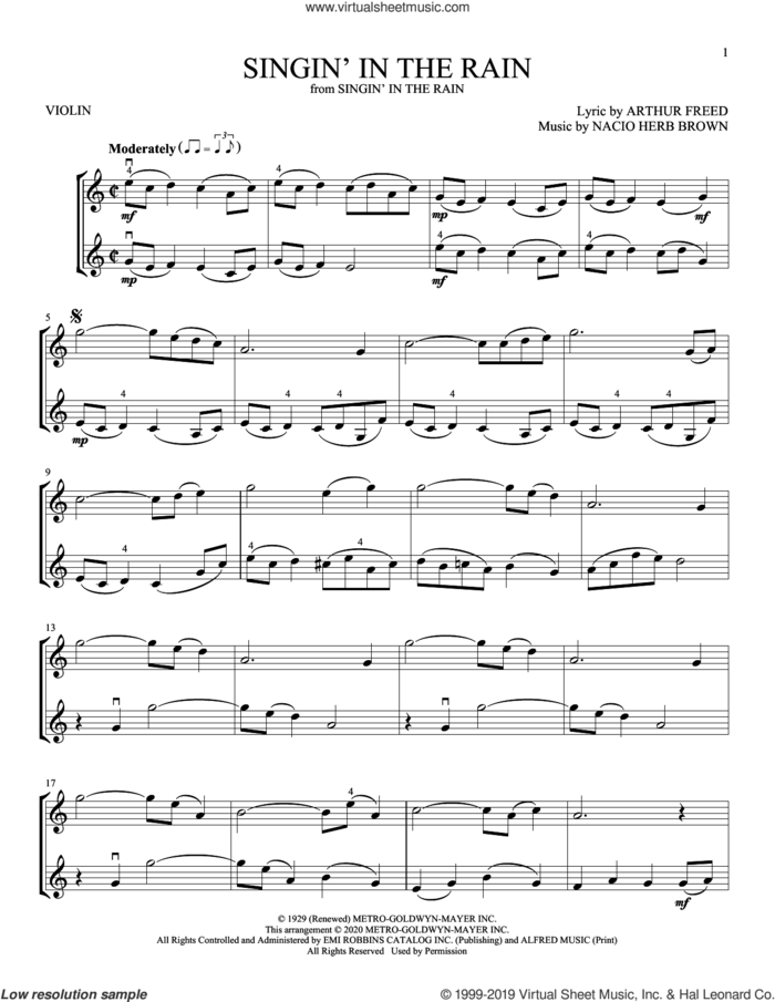 Singin' In The Rain sheet music for two violins (duets, violin duets) by Gene Kelly, Arthur Freed and Nacio Herb Brown, intermediate skill level