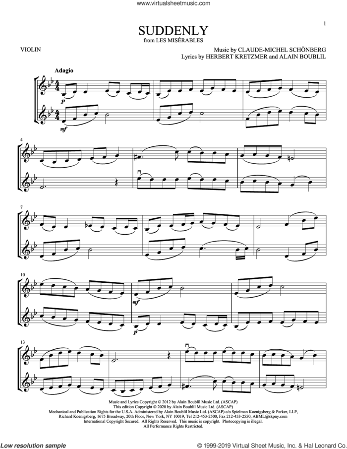 Suddenly (from Les Miserables) sheet music for two violins (duets, violin duets) by Boublil and Schonberg, Alain Boublil, Claude-Michel Schonberg and Herbert Kretzmer, intermediate skill level