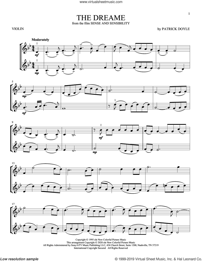 The Dreame (from Sense and Sensibility) sheet music for two violins (duets, violin duets) by Patrick Doyle, intermediate skill level