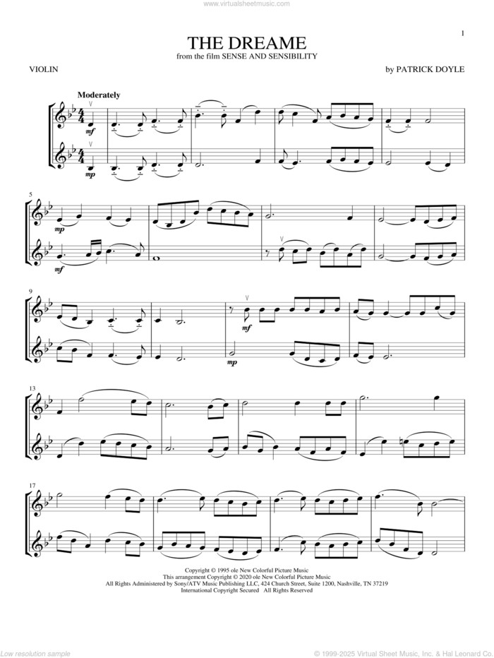 The Dreame (from Sense and Sensibility) sheet music for two violins (duets, violin duets) by Patrick Doyle, intermediate skill level