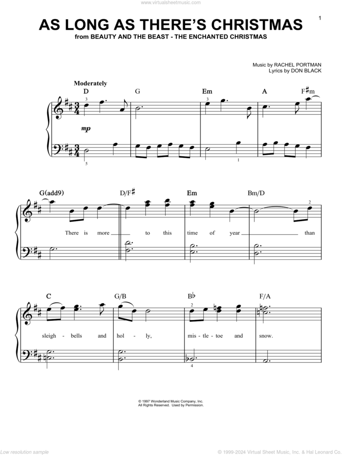 As Long As There's Christmas (from Beauty And The Beast - The Enchanted Christmas) sheet music for piano solo by Don Black and Rachel Portman, easy skill level