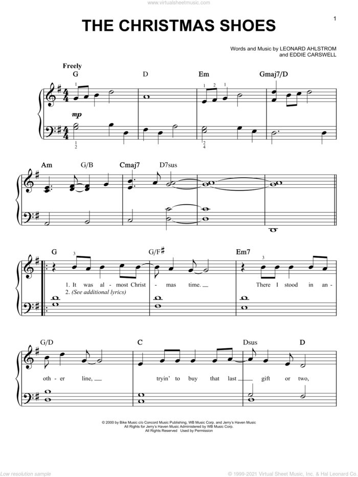 The Christmas Shoes, (easy) sheet music for piano solo by Newsong, Eddie Carswell and Leonard Ahlstrom, easy skill level