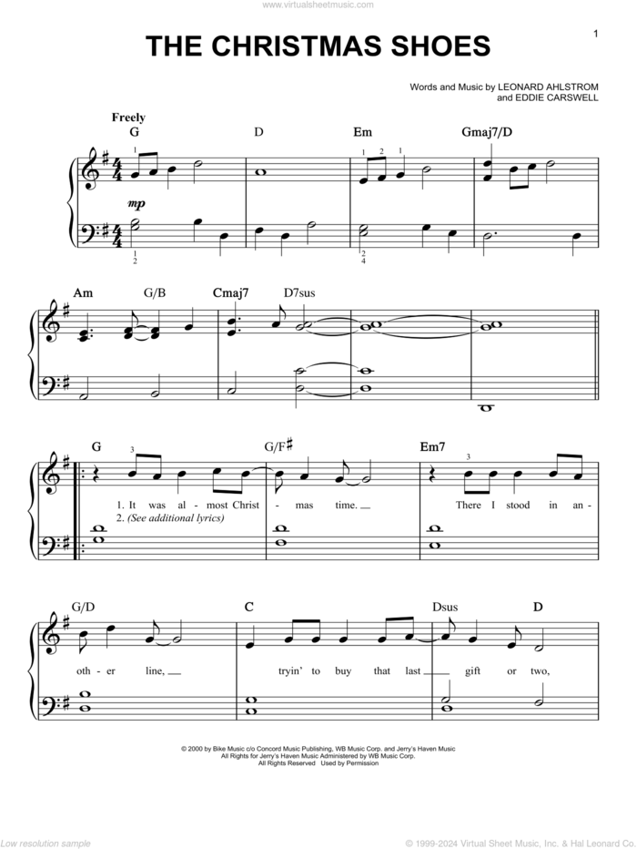 The Christmas Shoes, (easy) sheet music for piano solo by Newsong, Eddie Carswell and Leonard Ahlstrom, easy skill level