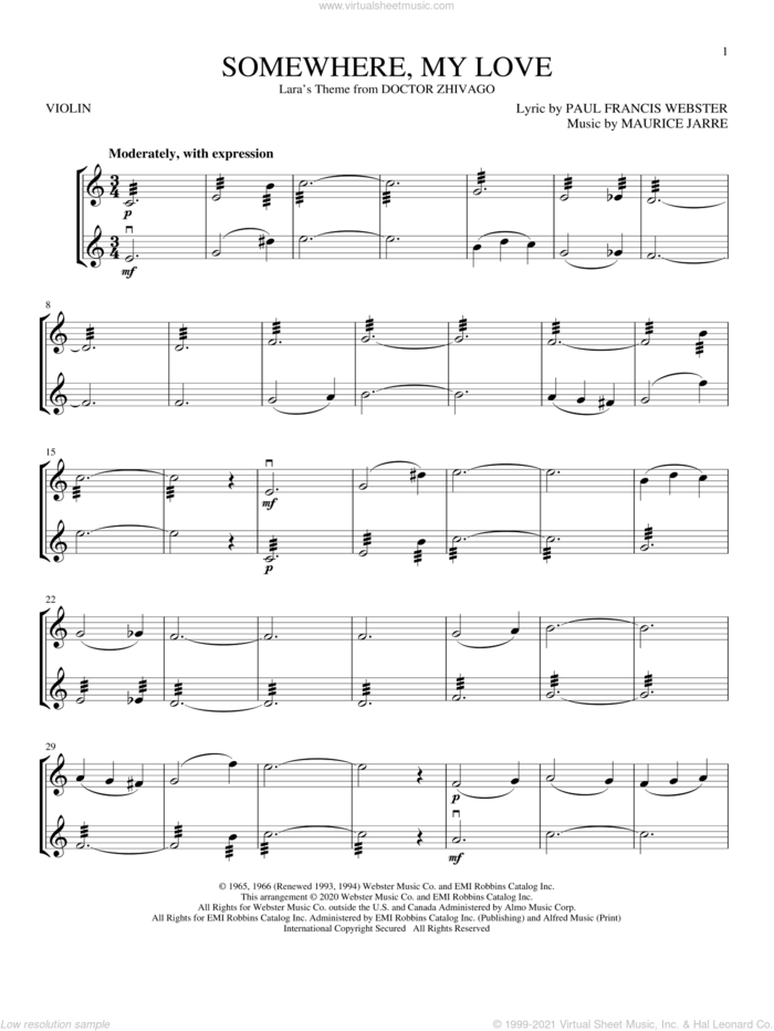 Somewhere, My Love (Lara's Theme) (from Doctor Zhivago) sheet music for two violins (duets, violin duets) by Paul Francis Webster and Maurice Jarre, intermediate skill level