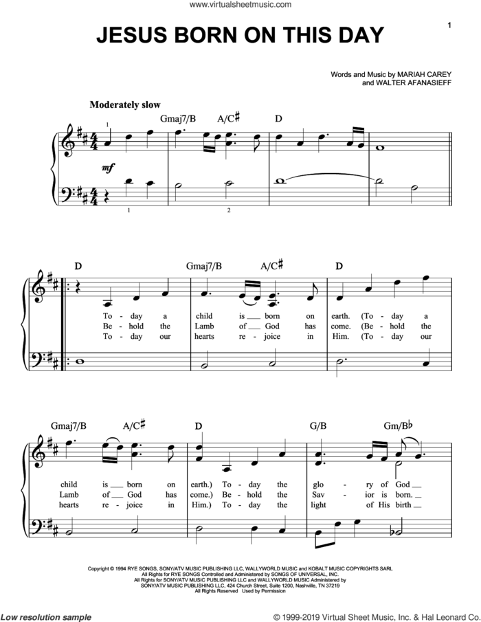 Jesus Born On This Day sheet music for piano solo by Mariah Carey and Walter Afanasieff, easy skill level