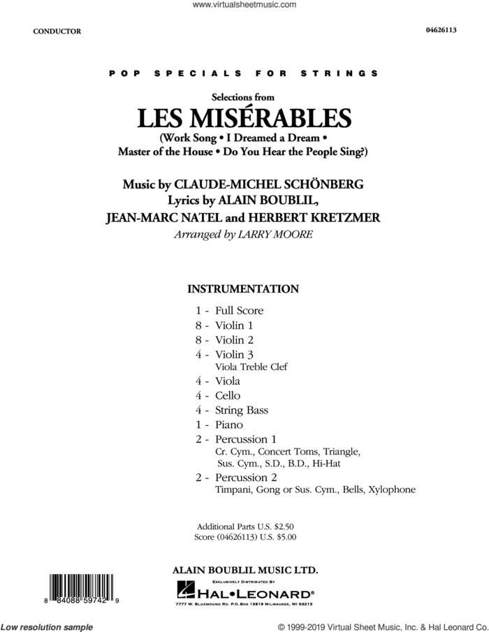 Selections from Les Miserables (arr. Larry Moore) (COMPLETE) sheet music for orchestra by Alain Boublil, Boublil and Schonberg, Claude-Michel Schonberg, Herbert Kretzmer and Larry Moore, intermediate skill level