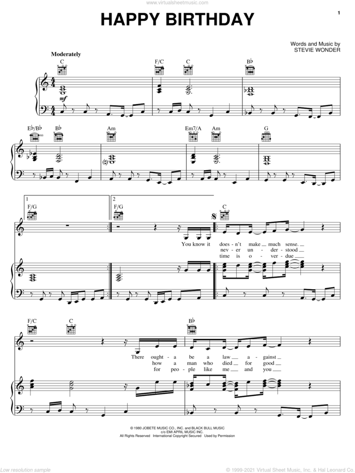 Happy Birthday sheet music for voice, piano or guitar by Stevie Wonder, intermediate skill level