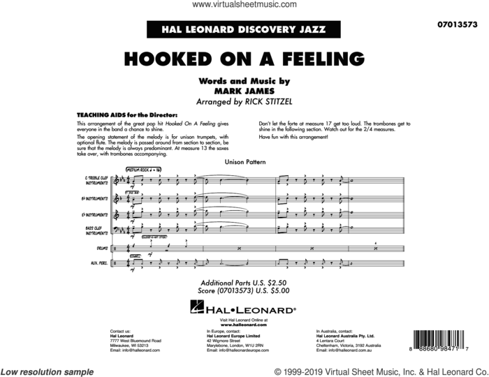 Hooked On A Feeling (arr. Rick Stitzel) (COMPLETE) sheet music for jazz band by Rick Stitzel, Blue Swede and Mark James, intermediate skill level