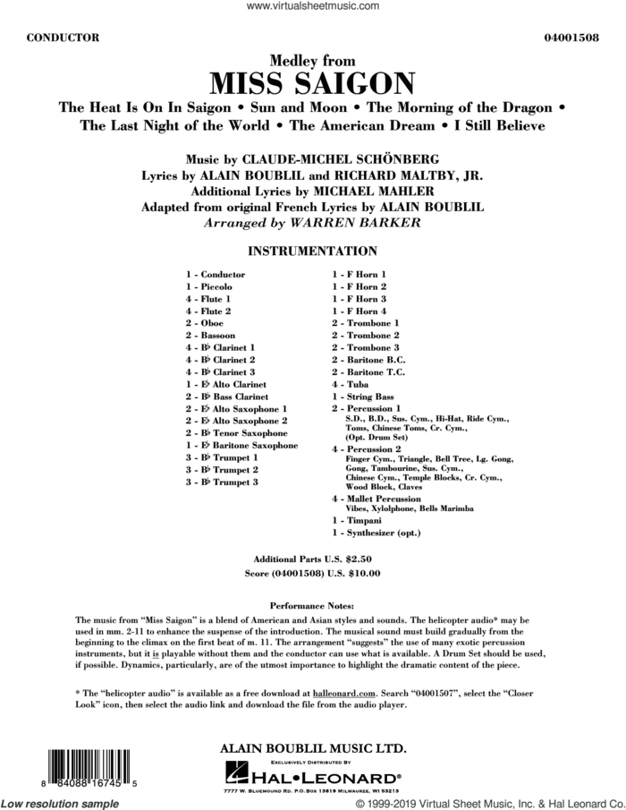 Medley from Miss Saigon (arr. Warren Barker) (COMPLETE) sheet music for concert band by Alain Boublil, Boublil and Schonberg, Claude-Michel Schonberg and Warren Barker, intermediate skill level