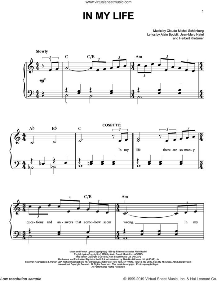 In My Life (from Les Miserables) sheet music for piano solo by Alain Boublil, Boublil & Schonberg, Claude-Michel Schonberg, Herbert Kretzmer and Jean-Marc Natel, easy skill level