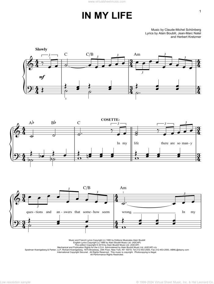 In My Life (from Les Miserables) sheet music for piano solo by Alain Boublil, Boublil & Schonberg, Claude-Michel Schonberg, Herbert Kretzmer and Jean-Marc Natel, easy skill level