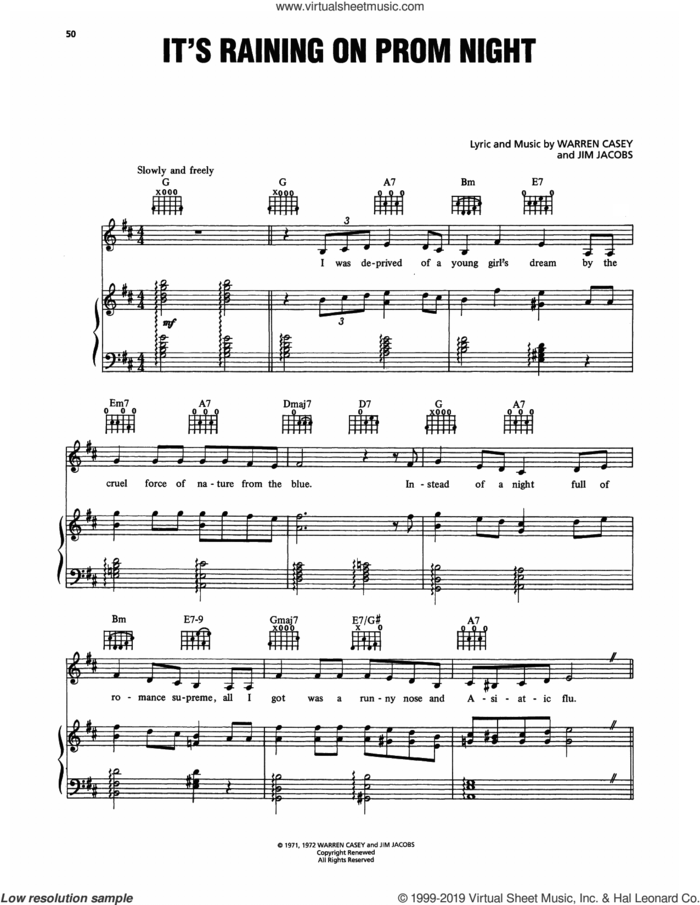 It's Raining On Prom Night (from Grease) sheet music for voice, piano or guitar by Cindy Bullens, Jim Jacobs and Warren Casey, intermediate skill level
