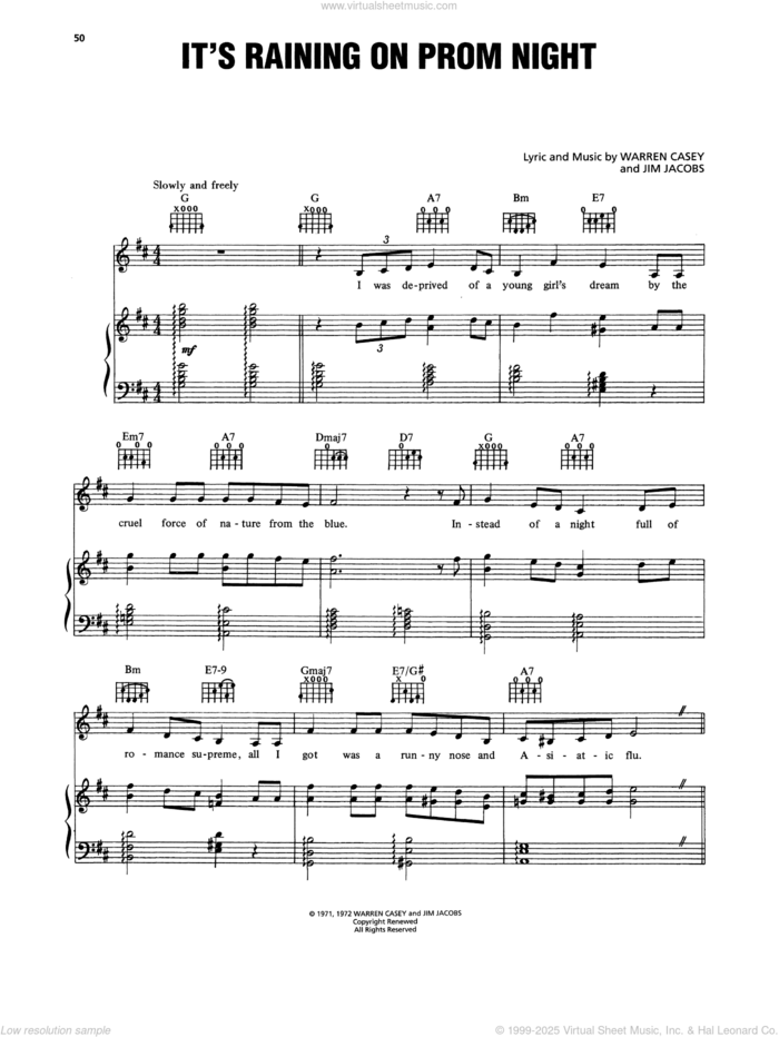 It's Raining On Prom Night (from Grease) sheet music for voice, piano or guitar by Cindy Bullens, Jim Jacobs and Warren Casey, intermediate skill level