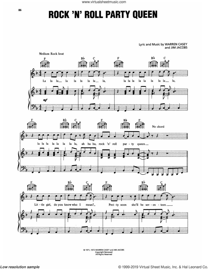 Rock 'N' Roll Party Queen (from Grease) sheet music for voice, piano or guitar by Louis St. Louis, Jim Jacobs and Warren Casey, intermediate skill level