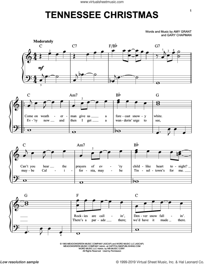 Tennessee Christmas sheet music for piano solo by Amy Grant and Gary Chapman, easy skill level