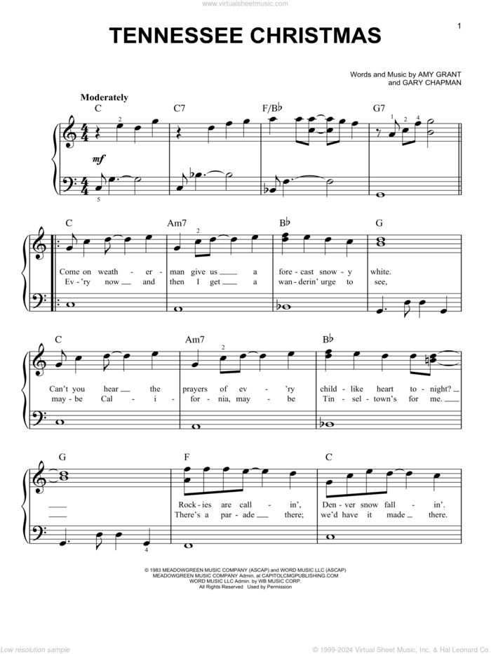 Tennessee Christmas sheet music for piano solo by Amy Grant and Gary Chapman, easy skill level