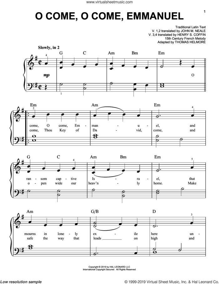 O Come, O Come, Emmanuel sheet music for piano solo by John Mason Neale, 15th Century French Melody, Henry S. Coffin, Miscellaneous and Thomas Helmore, easy skill level