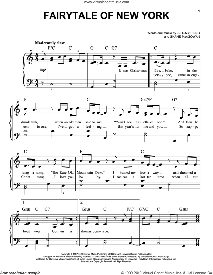 Fairytale Of New York sheet music for piano solo by The Pogues & Kirsty MacColl, Jeremy Finer and Shane MacGowan, easy skill level