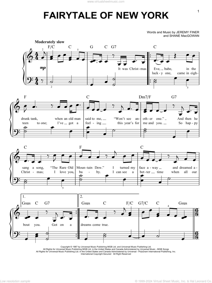 Fairytale Of New York, (easy) sheet music for piano solo by The Pogues & Kirsty MacColl, Jeremy Finer and Shane MacGowan, easy skill level