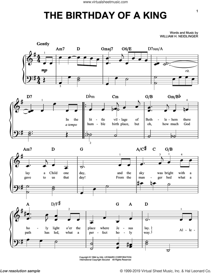 The Birthday Of A King, (easy) sheet music for piano solo by William Harold Neidlinger, classical score, easy skill level