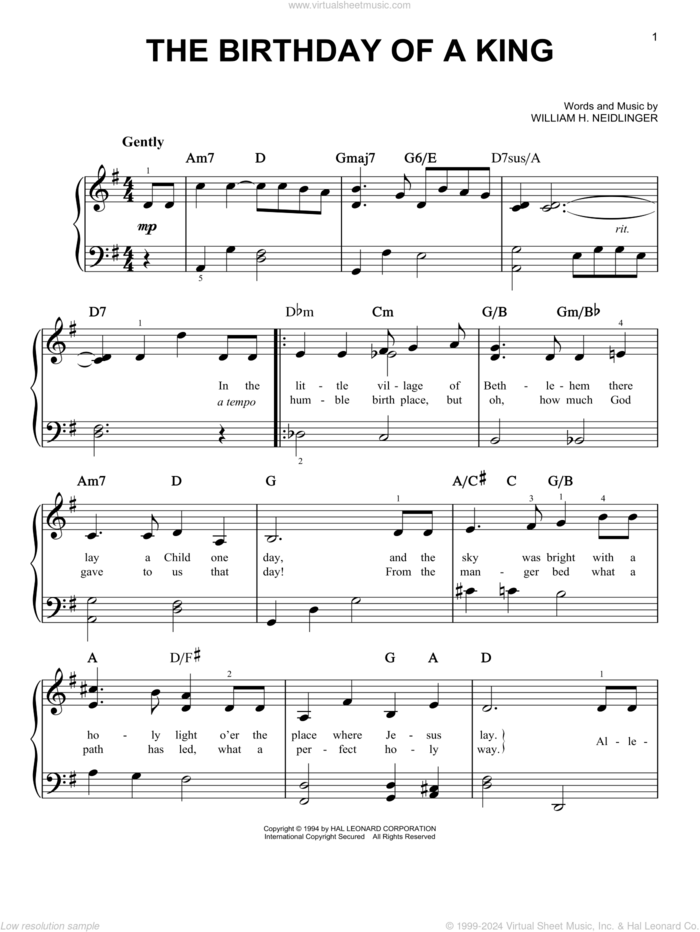 The Birthday Of A King, (easy) sheet music for piano solo by William Harold Neidlinger, classical score, easy skill level