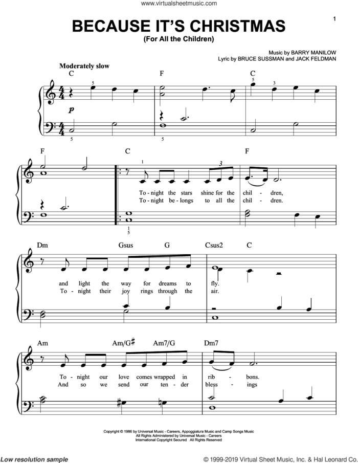 Because It's Christmas (For All The Children) sheet music for piano solo by Barry Manilow, Bruce Sussman and Jack Feldman, easy skill level