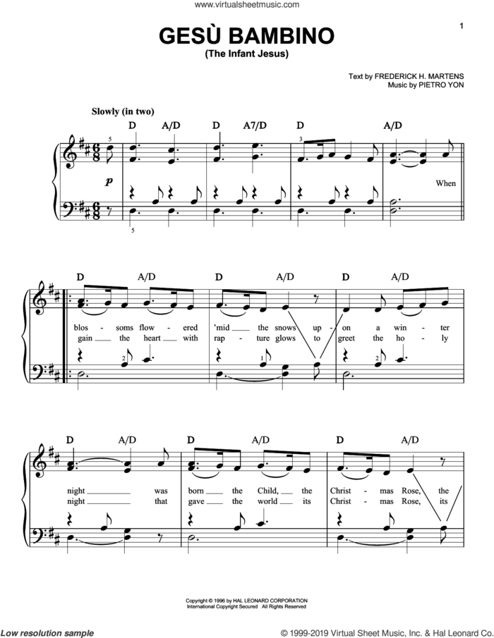 Gesu Bambino (The Infant Jesus), (easy) sheet music for piano solo by Pietro Yon and Frederick H. Martens, easy skill level