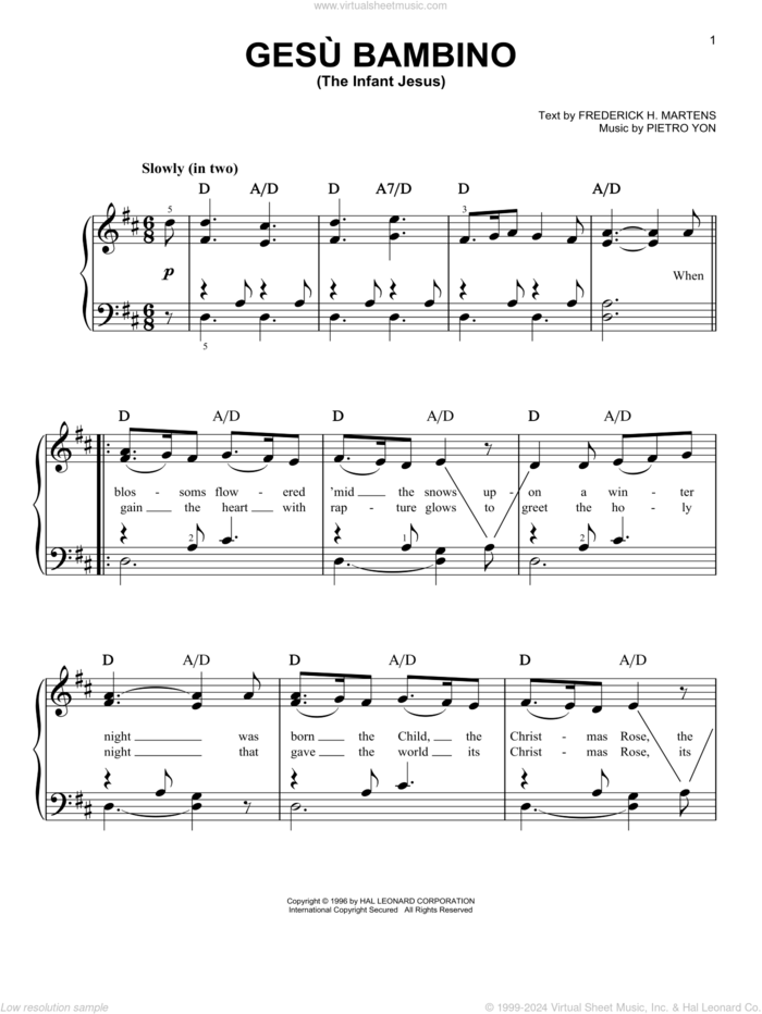 Gesu Bambino (The Infant Jesus), (easy) sheet music for piano solo by Pietro Yon and Frederick H. Martens, easy skill level