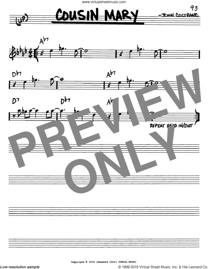 Cousin Mary sheet music for voice and other instruments (in C) by John Coltrane, intermediate skill level