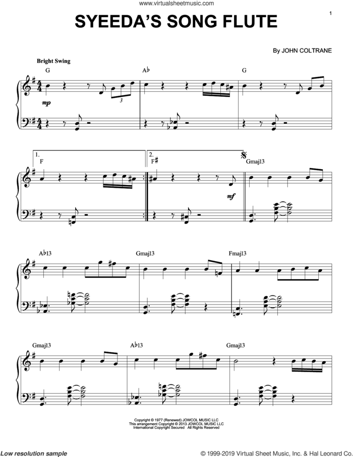Syeeda's Song Flute (arr. Brent Edstrom) sheet music for piano solo by John Coltrane and Brent Edstrom, intermediate skill level