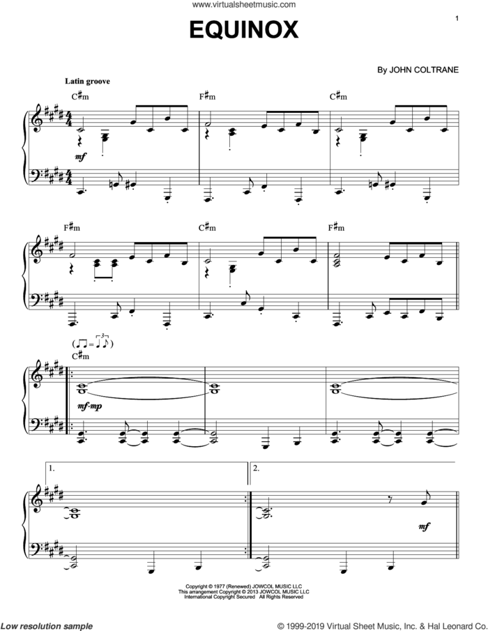 Equinox (arr. Brent Edstrom) sheet music for piano solo by John Coltrane and Brent Edstrom, intermediate skill level