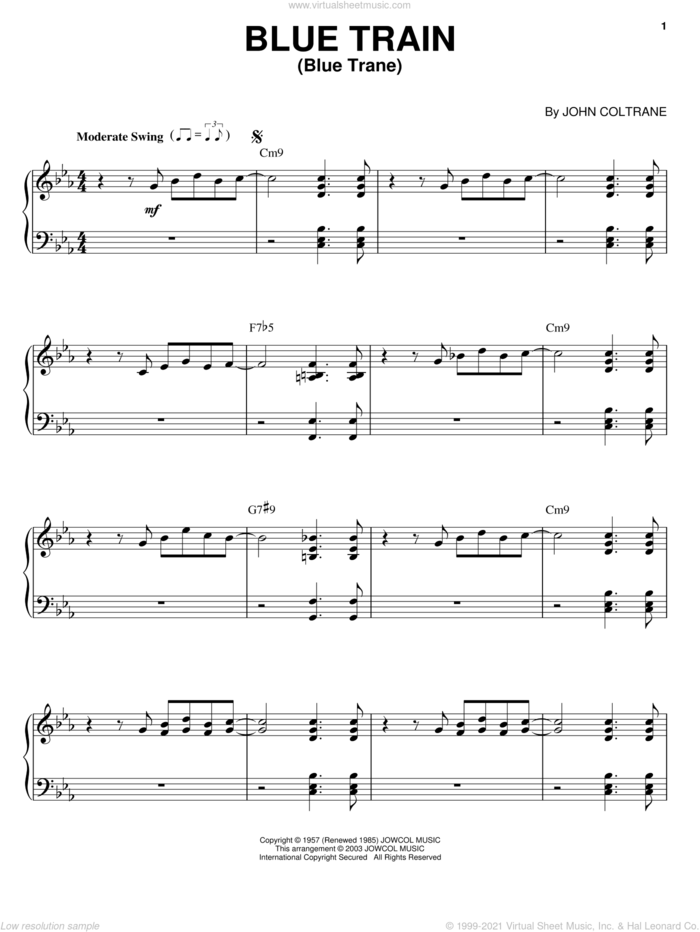 Blue Train (Blue Trane) sheet music for piano solo by John Coltrane, intermediate skill level