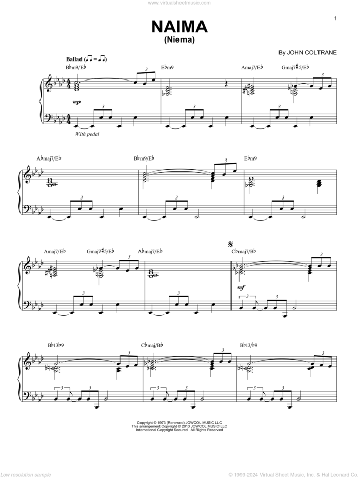 Naima (Niema) (arr. Brent Edstrom) sheet music for piano solo by John Coltrane and Brent Edstrom, intermediate skill level